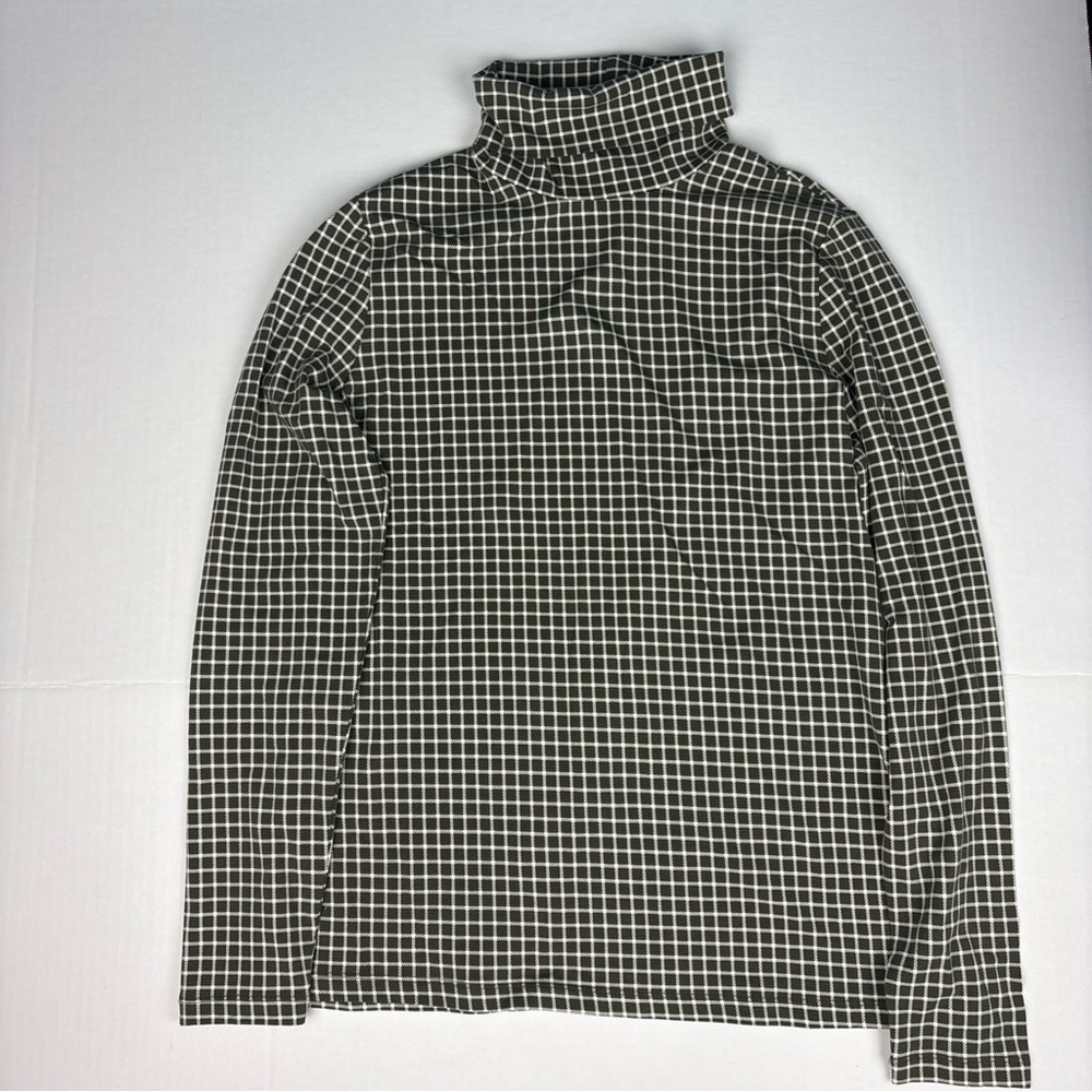Lands’ End Women’s Medium Shirt Turtleneck Checkered Green White Shaped Fit